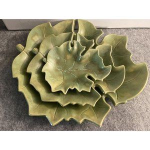 Set of 3 Ceramic Green Leaves Signed M L Sizes are 5.5, 8, and 11inch #635